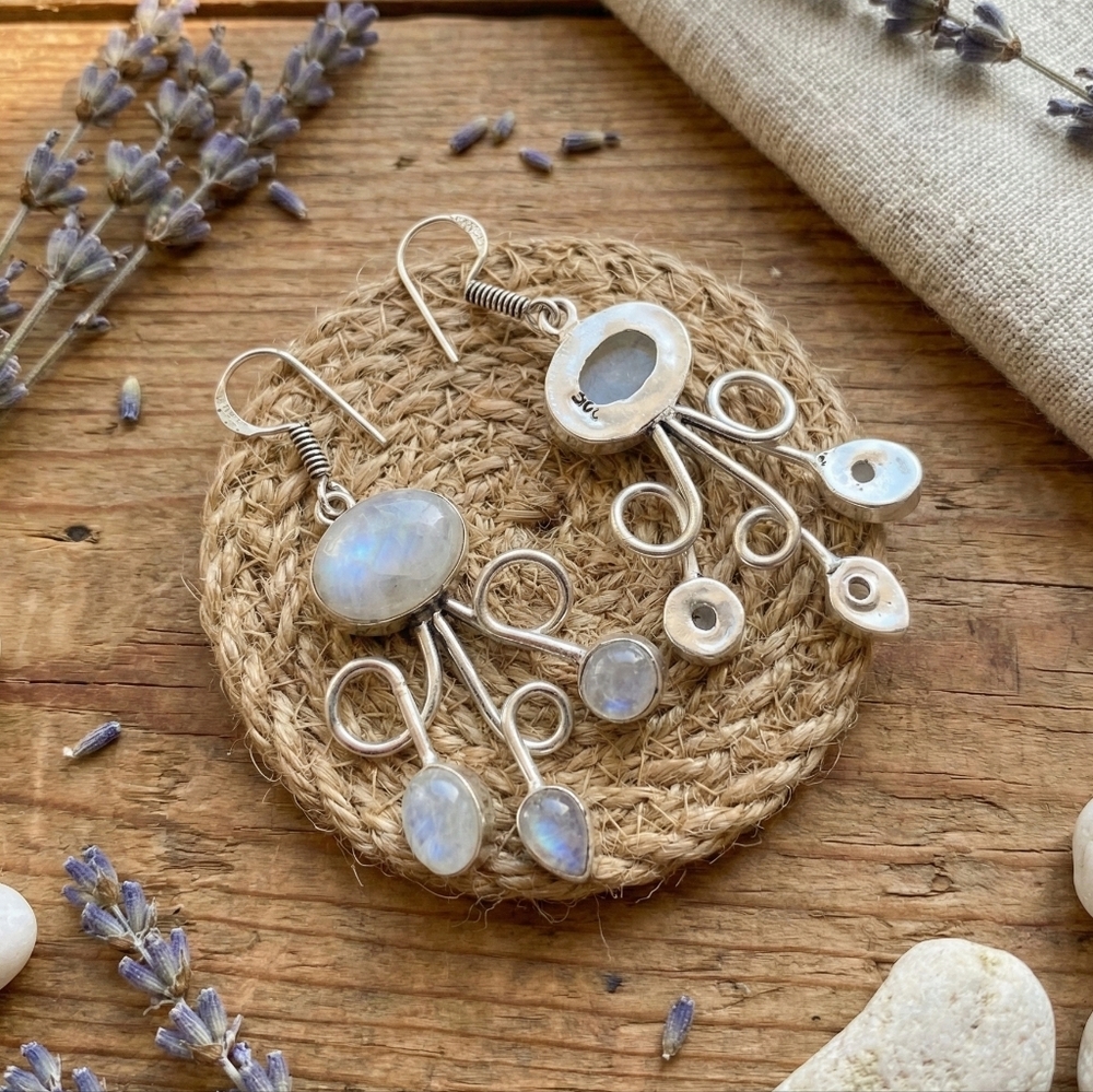 925 Sterling Silver Moonstone Dangle Earrings Artisan Boho Swirl Drop Gift 2.2" - Picture 5 of 14